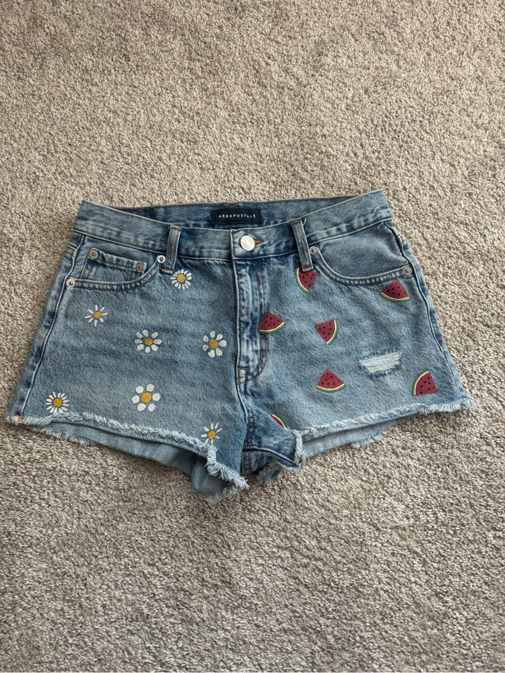 Aeropostale Light Blue Denim Shorts with Daisy and Watermelon Patches